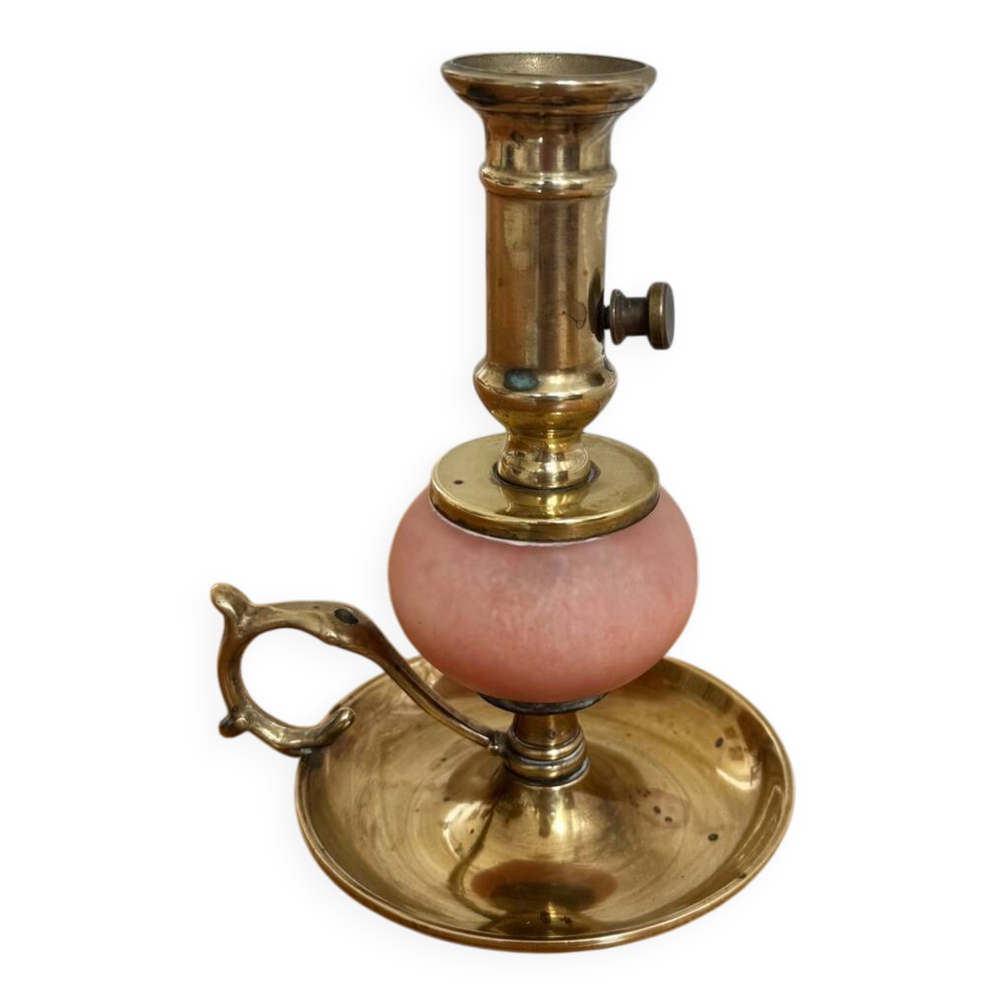Pink glass and brass candlestick