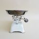 Antique kitchen scales from a record to five kilos, white beam scales with brass plates