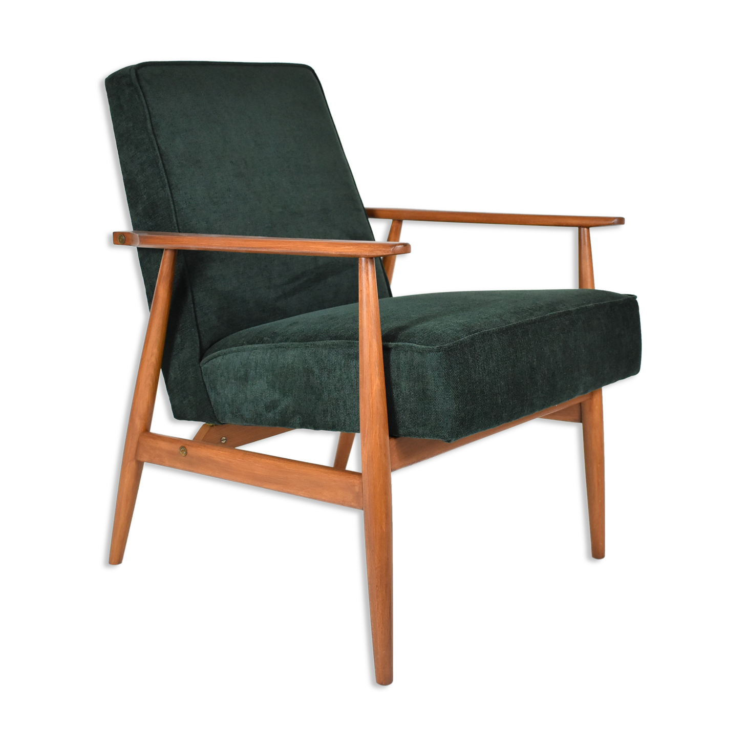 Vintage original polish armchair "Fox" designed by H. Lis 1970s, forest green fabric, restored