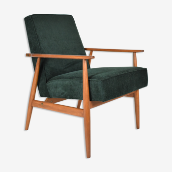 Vintage original polish armchair "Fox" designed by H. Lis 1970s, forest green fabric, restored