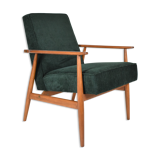 Fauteuil poli d’origine vintage « Fox » conçu par H. Lis années 1970, tissu vert forêt, restauré