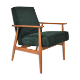 Vintage original polish armchair "Fox" designed by H. Lis 1970s, forest green fabric, restored
