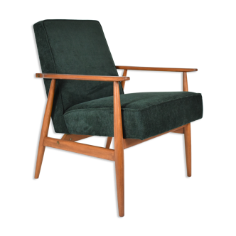 Vintage original polish armchair "Fox" designed by H. Lis 1970s, forest green fabric, restored