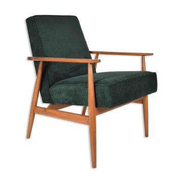 Vintage original polish armchair "Fox" designed by H. Lis 1970s, forest green fabric, restored