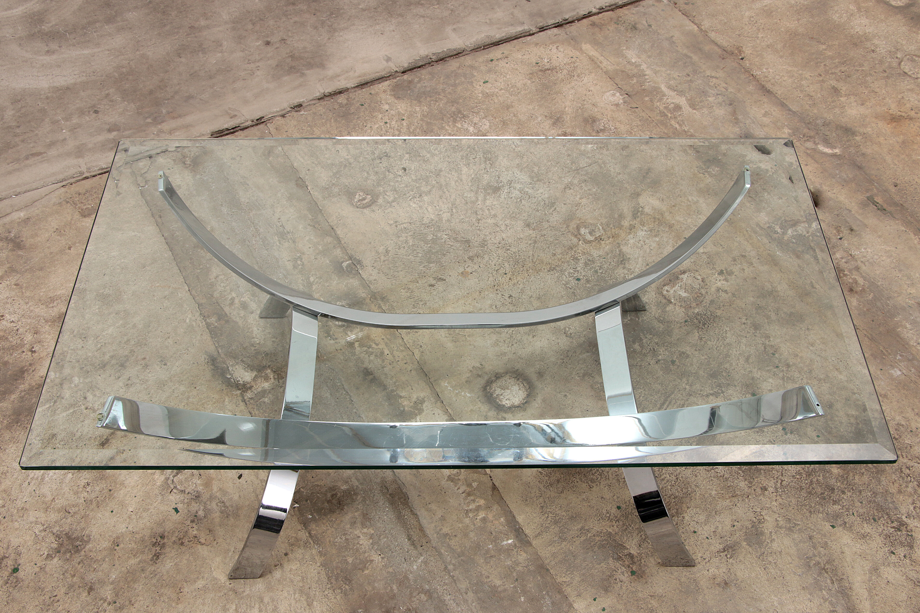 Space age chrome coffee table with thick glass top 1970