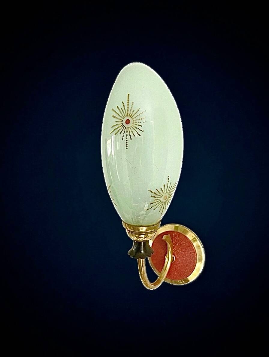 Vintage Mid Century Space Age brass & green opaline wall light Lunel