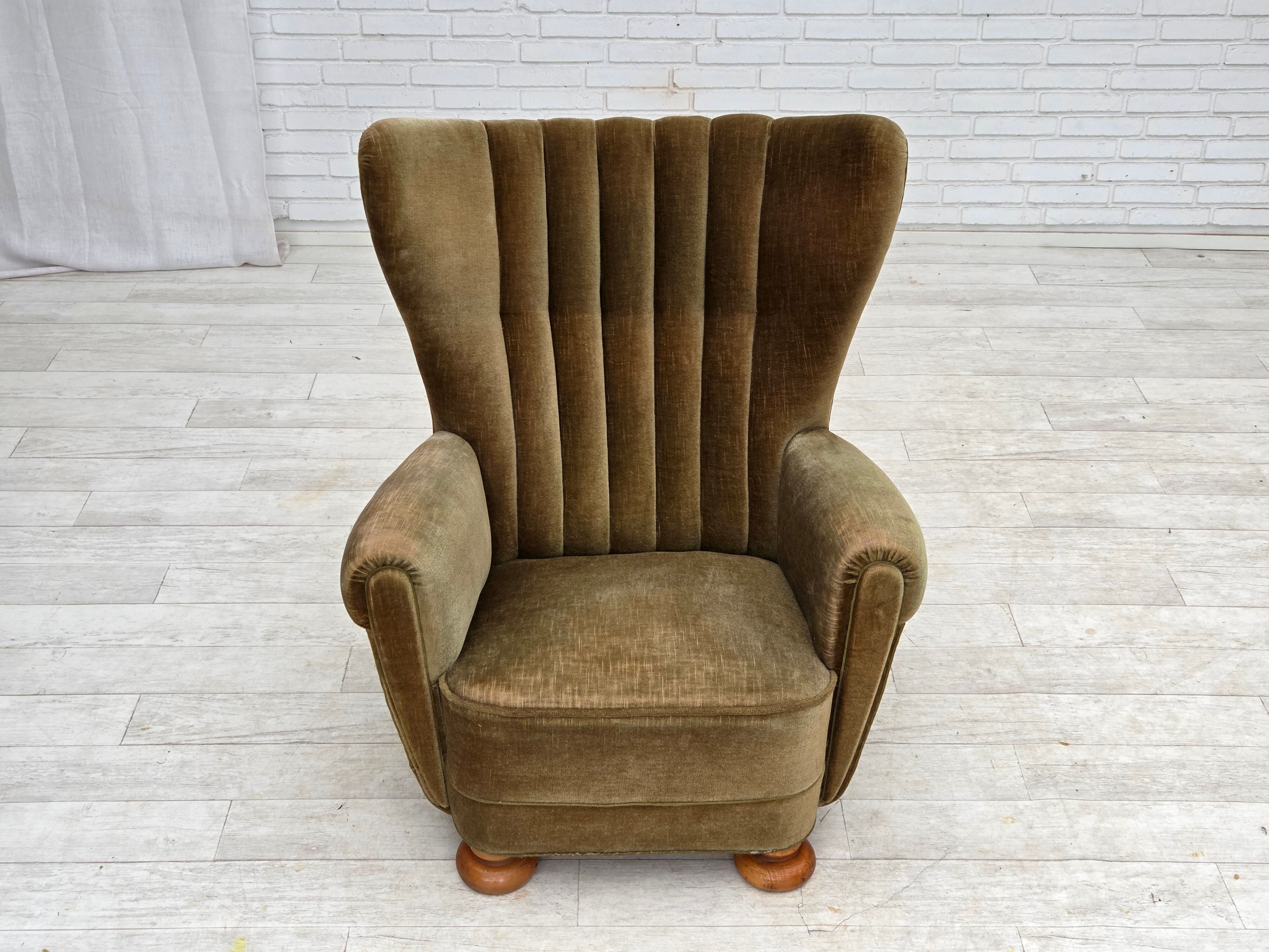 1960s, Danish highback relax armchair, green furniture velour.