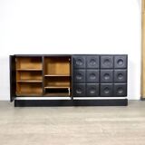 Midcentury Modern Brutalist Sideboard In Black Carved Wood And Chrome, Belgium, 1970s