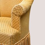 Fauteuil crapaud vintage jaune moutarde velours floqué