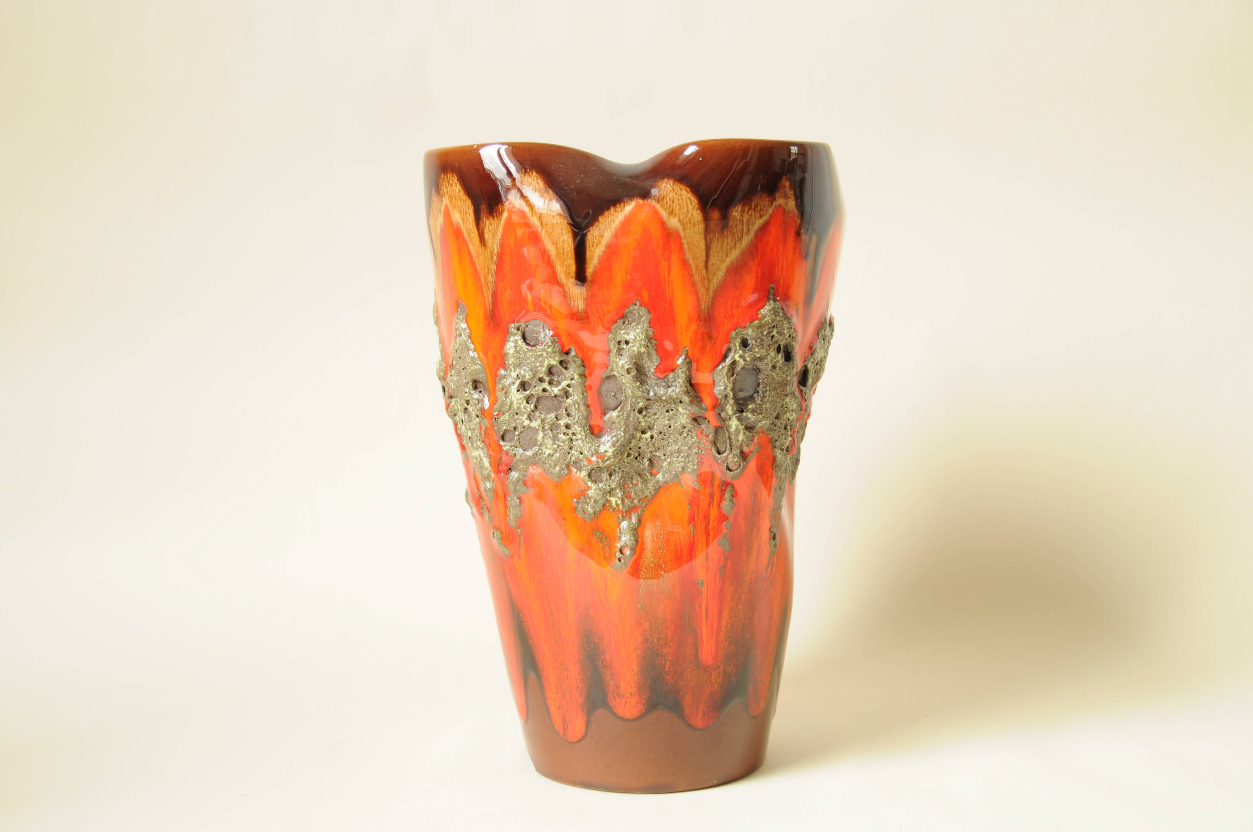 Glazed Ceramic Vase Lava Effect - Brown Orange - Abstract Shape