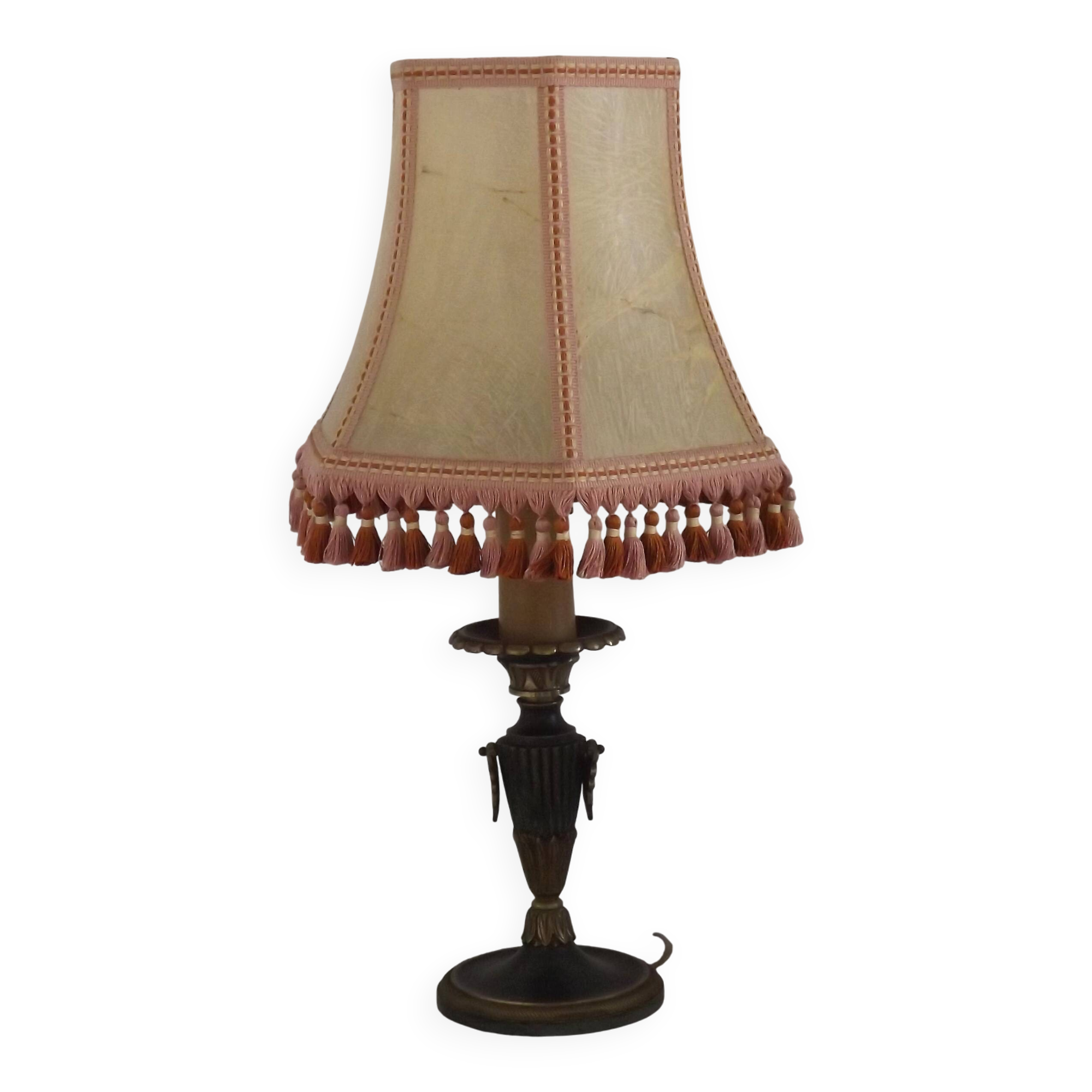 French Empire Style Green & Gold Brass Candlestick Table Lamp & Hide Shade
