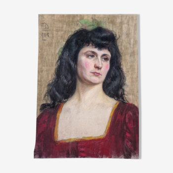 Marguerite Dubois (née en 1883) Pastel sur papier "Portrait de femme à la couronne de feuilles"