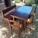 Solid oak farmhouse table + storage bench + 3 chairs + 1 stool
