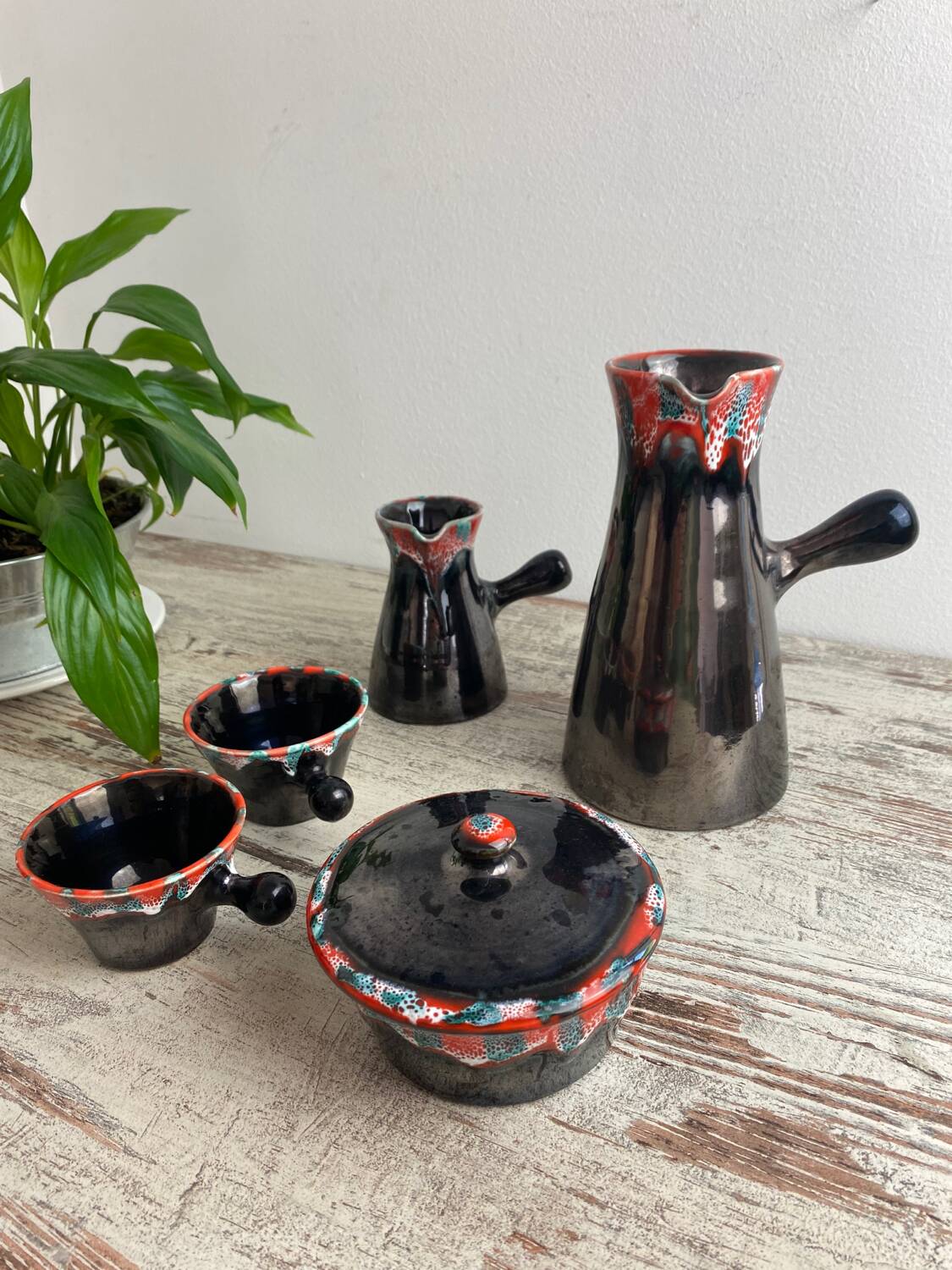 Vallauris ceramic pitcher, sugar bowl and cup set