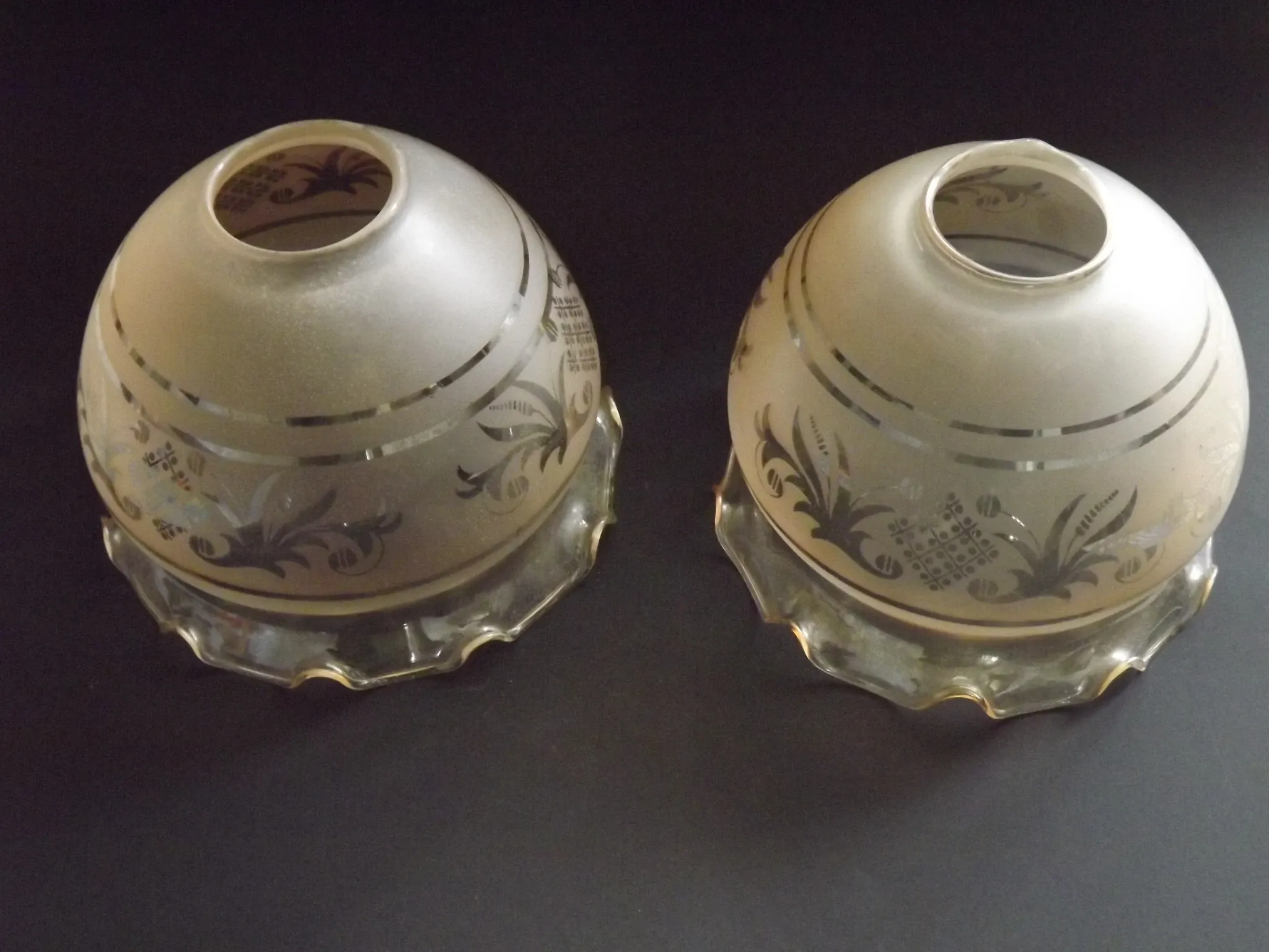 Set of 2 Vintage French Amber Patterned Glass Shades Frilled Edge