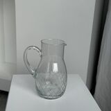 Glass carafe with handle with etched geometric grid pattern