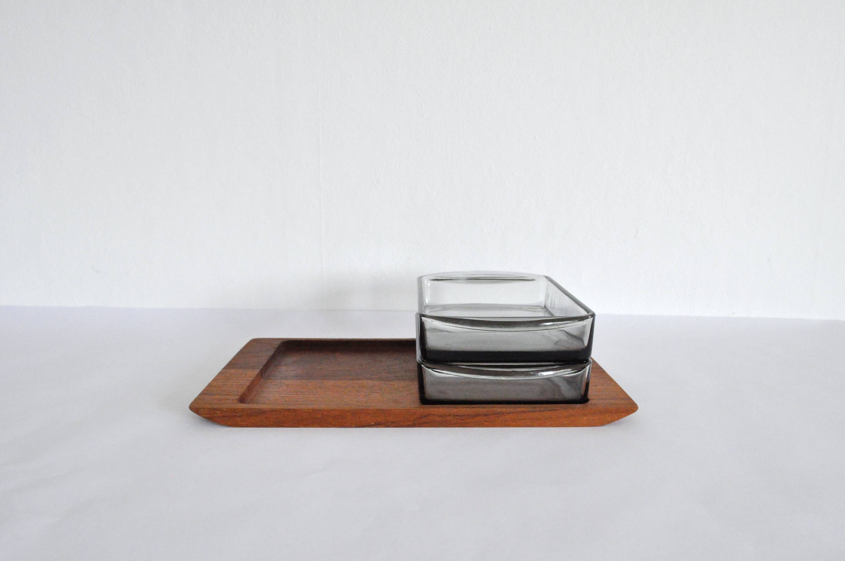 Danish Modern Teak Serving Tray with Glass Bowls by Wiggers, Denmark, 1960s