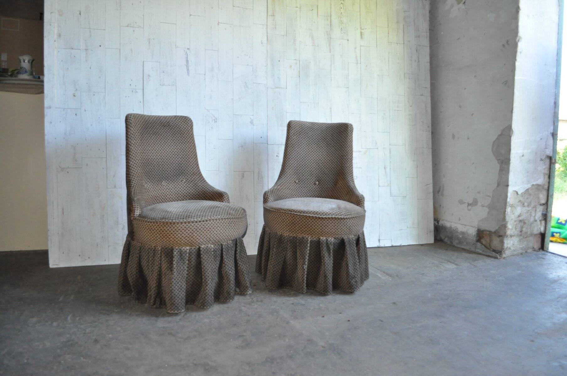 Mid-Century brown fabric armchair with skirt, wooden frame — 1950s