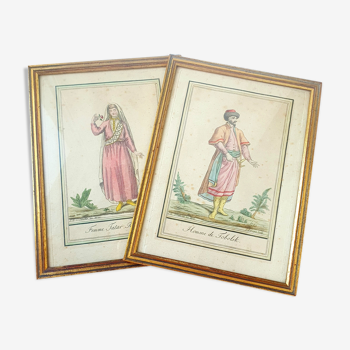 Two frames engravings couple Tobolsk with rose