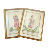 Two frames engravings couple Tobolsk with rose