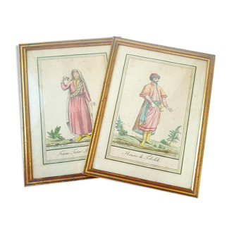 Two frames engravings couple Tobolsk with rose
