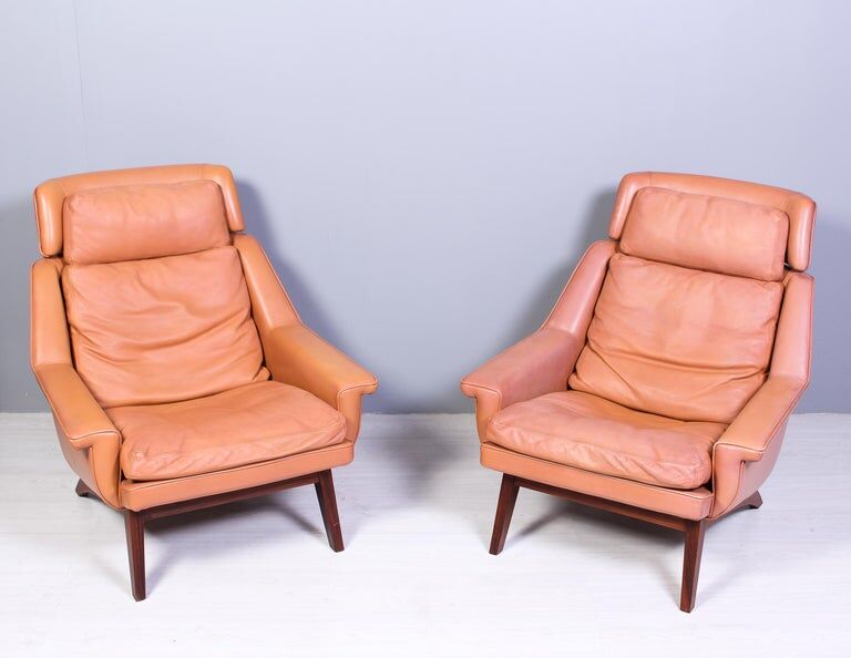 Leather and rosewood chairs and Ottoman by Werner Langenfled Denmark 1960s