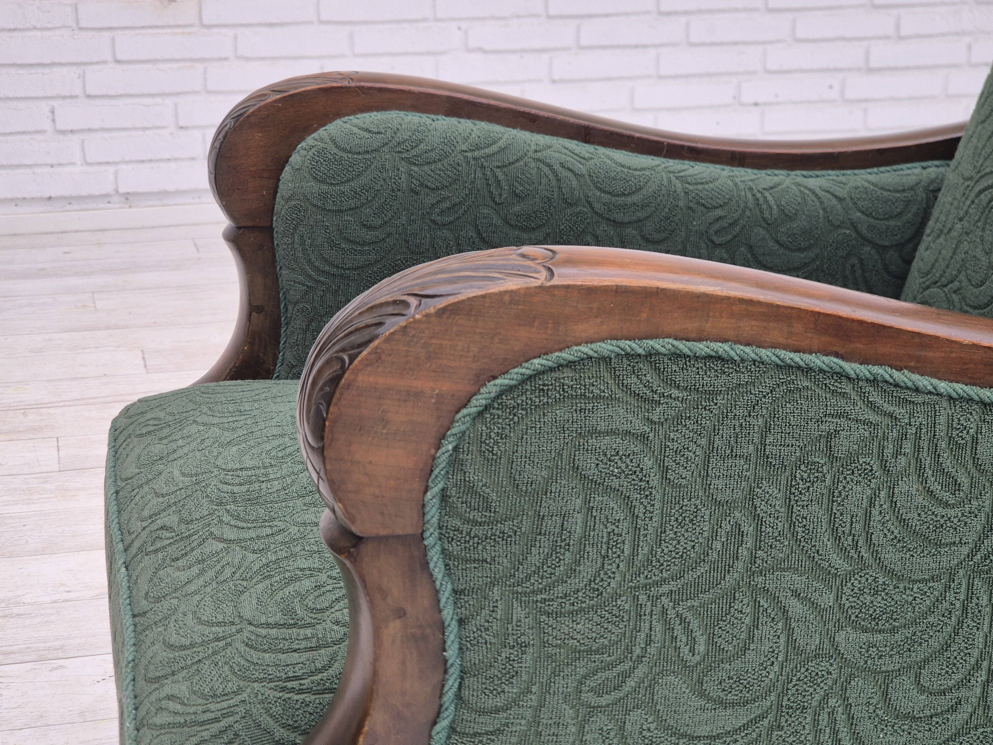 1950s, Danish relax chair, green furniture blend wool fabric, beech wood.