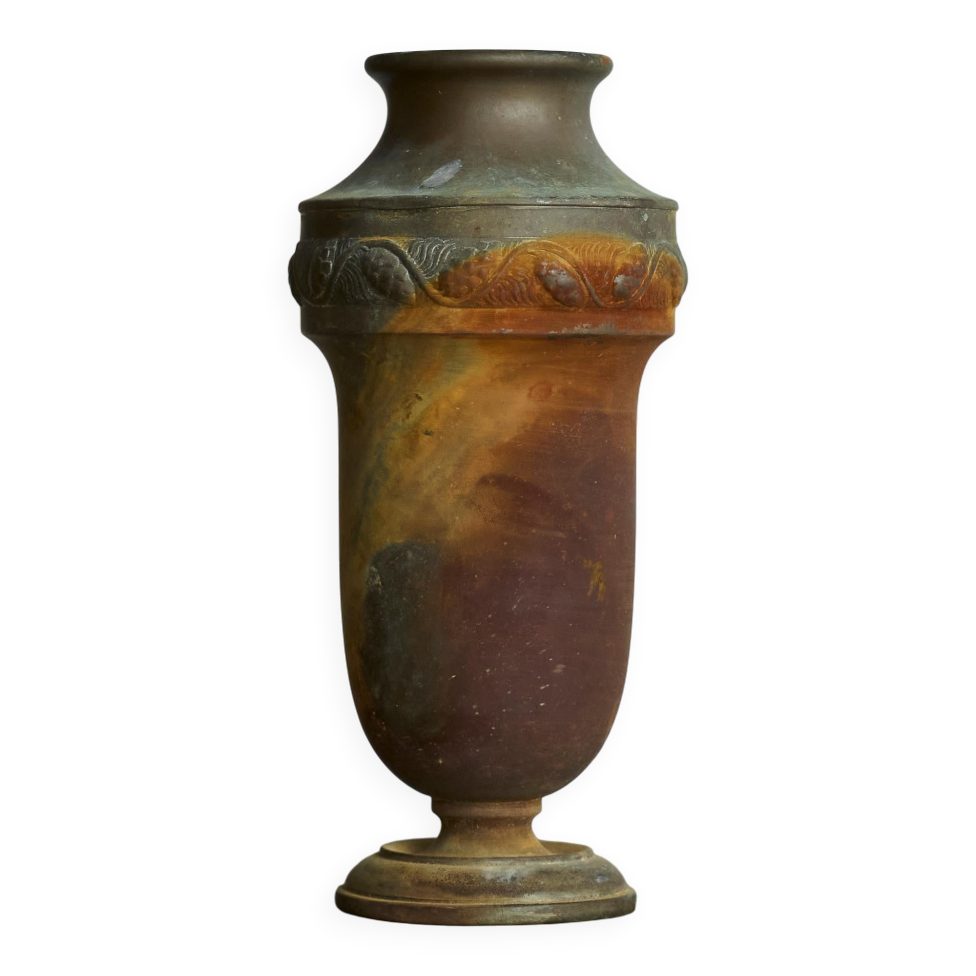 Art Deco vase in patinated metal, unique Wabi-Sabi piece.