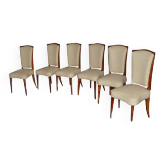 Set de six art-déco chairs en hêtre teinté et cuir ivoir