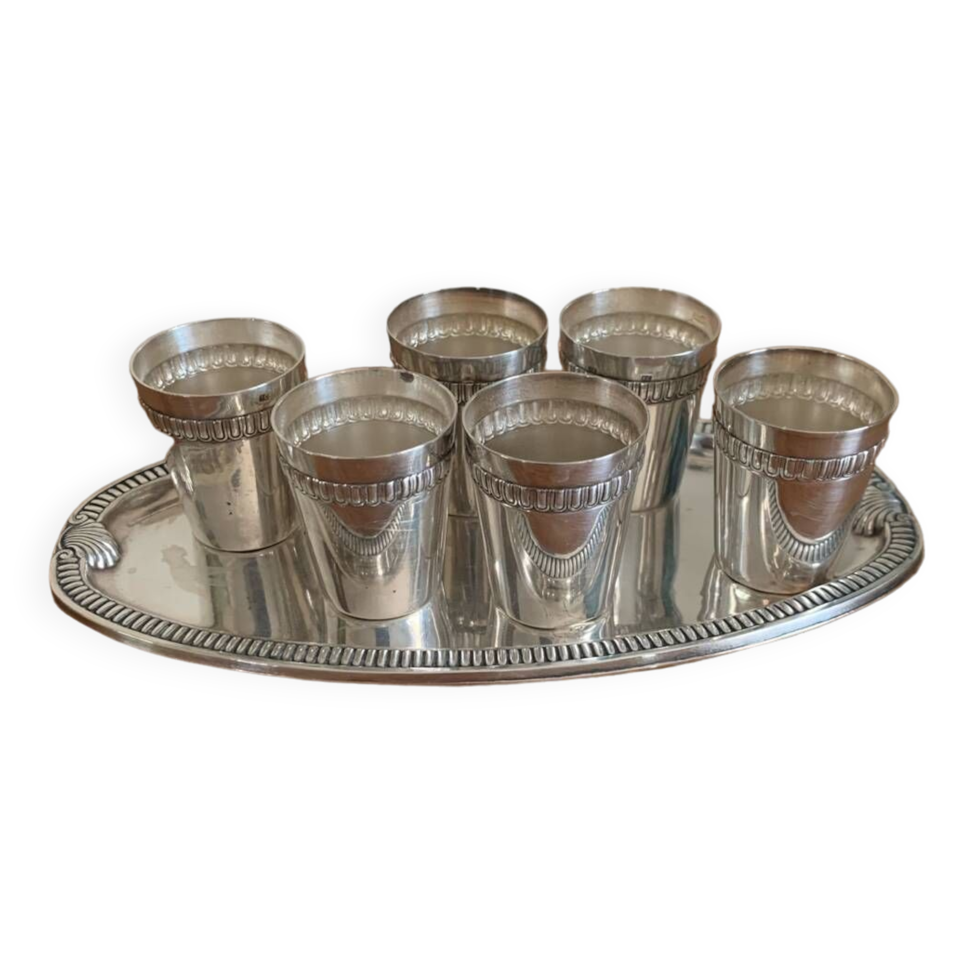 Vodka shot liqueur service in vintage silver metal
