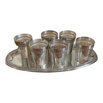 Vodka shot liqueur service in vintage silver metal