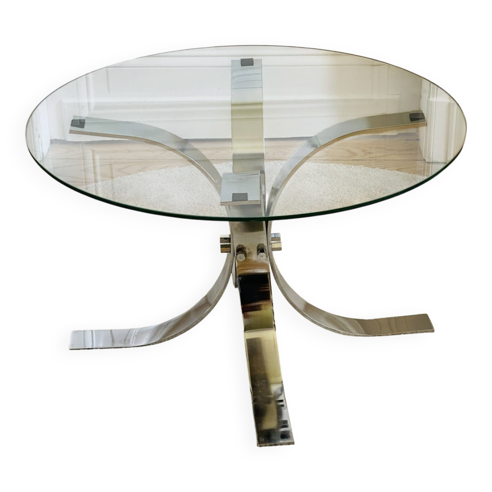 Table basse vintage en verre et chrome
