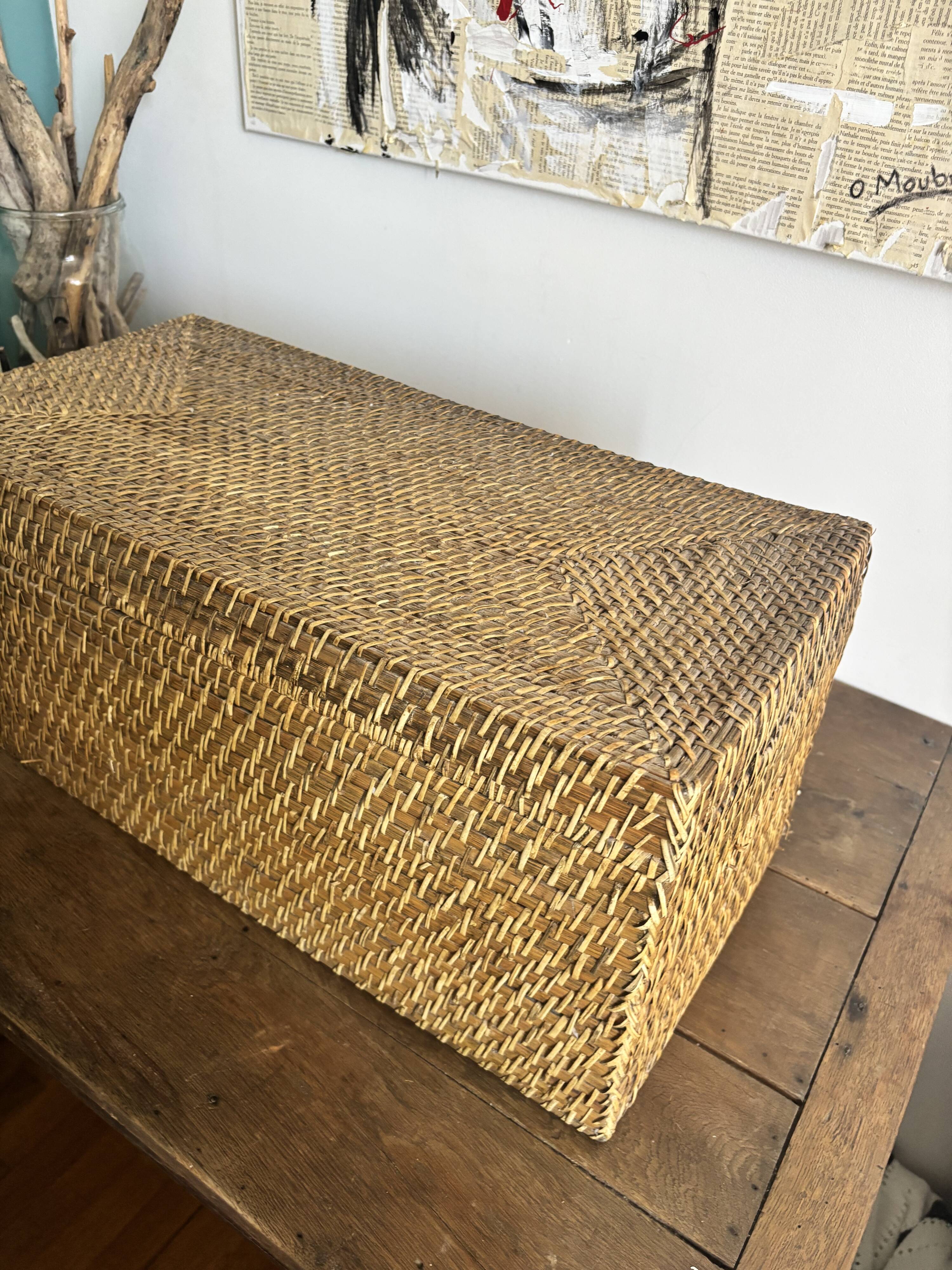Coffre de rangement / Malle en rotin tressé vintage