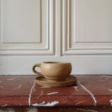 Vintage stoneware teapot and cup, "selfish" tea service, signed