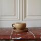 Vintage stoneware teapot and cup, "selfish" tea service, signed