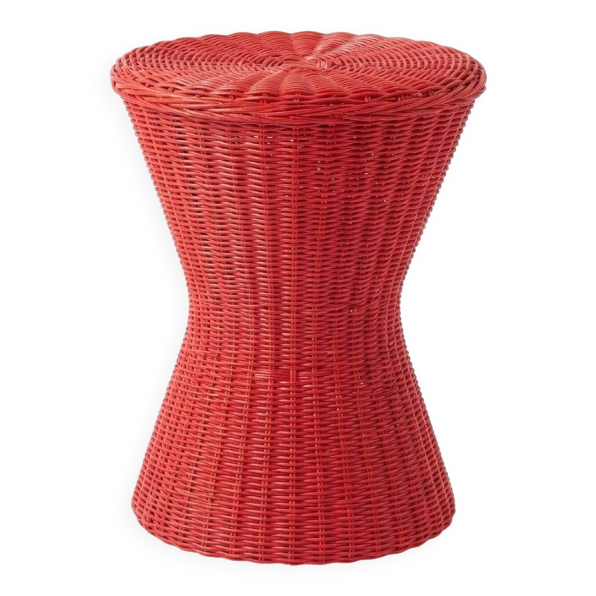 Vintage hourglass stool in red wicker or woven rattan.