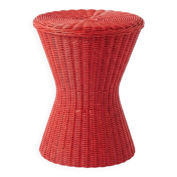 Vintage hourglass stool in red wicker or woven rattan.
