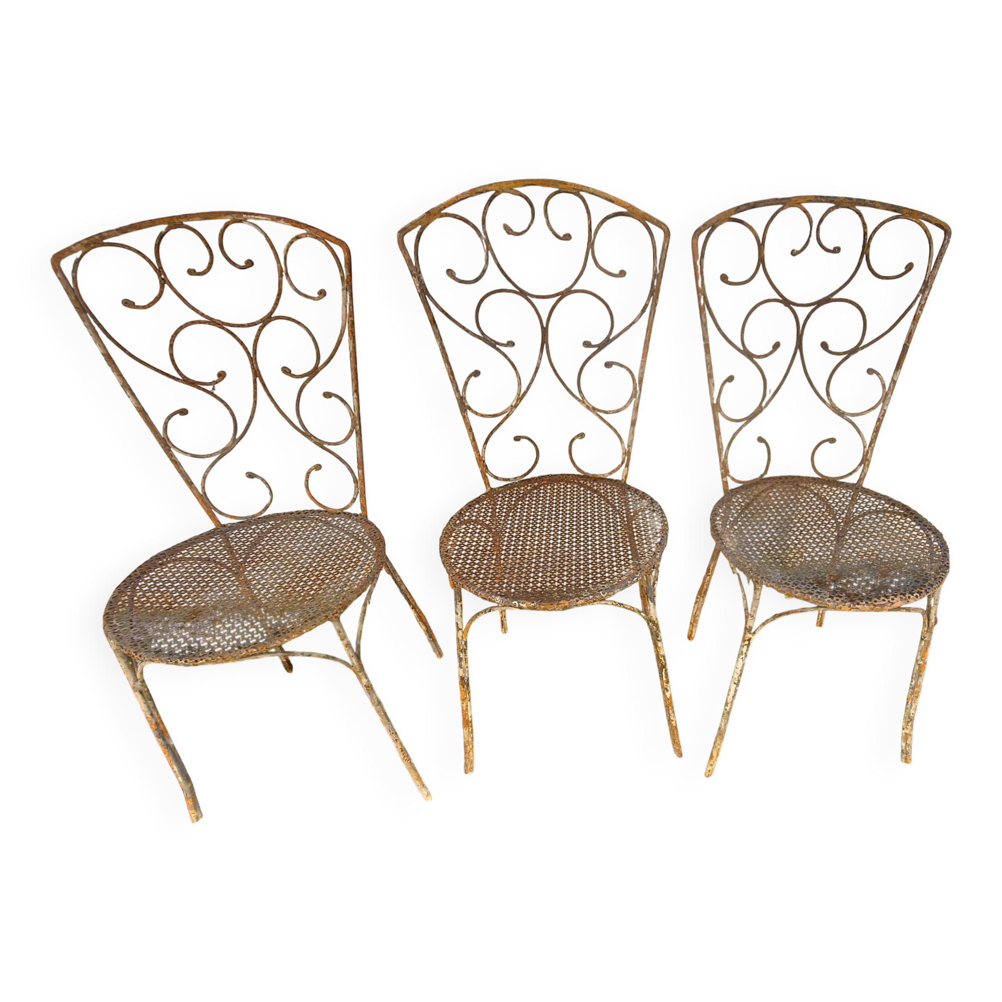 Set of 3 wrought iron garden chairs, rigitulle seat 1940/50