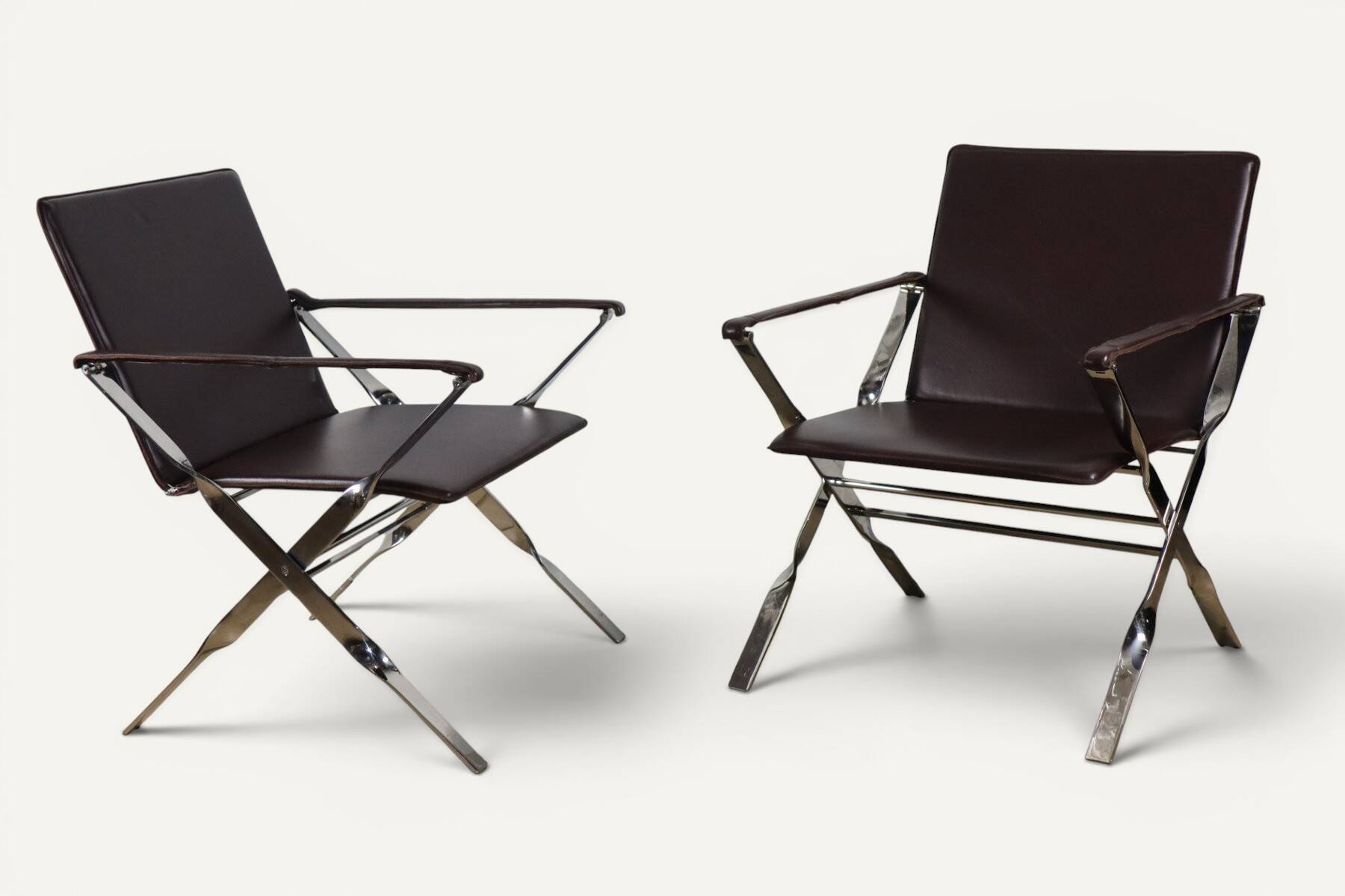 Pair of leather and chrome metal armchairs, Italy - 1970