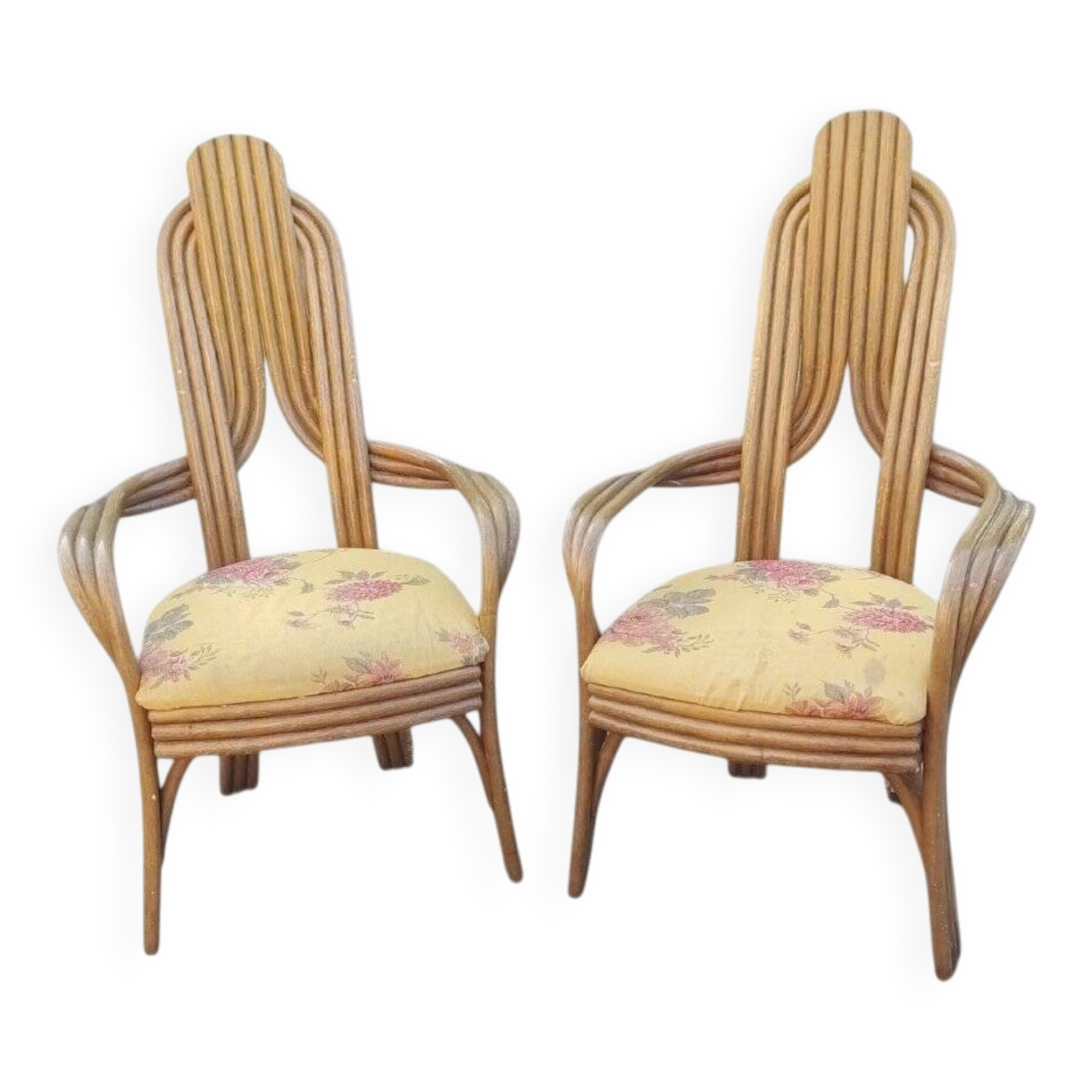 Pair of 1970s Italian design armchairs, made of bent bamboo.