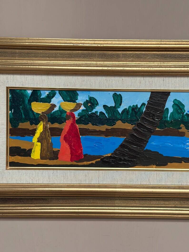 Original Swedish Oil on Panel – "Female Figures by a Stream", attributed to Lars Norrman – Signed – Vintage and Framed – 38 × 74 cm (15 × 29.1 inches)