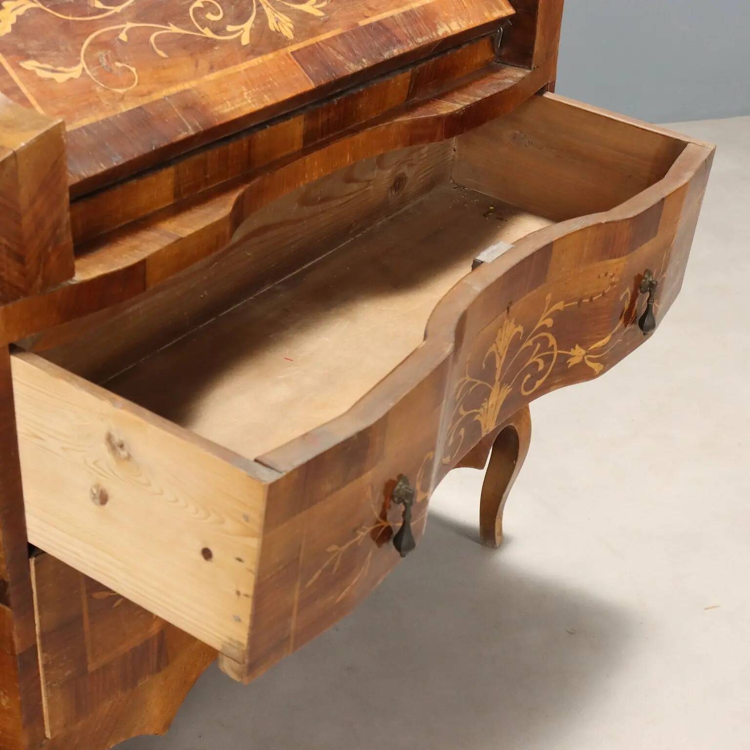 Antique walnut secretary cabinet with drop-down front, 2 drawers, Italy, 20th century.
