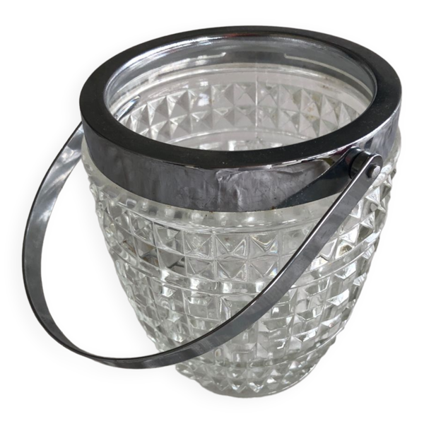Seau à glace en verre taillé et acier chromé vintage