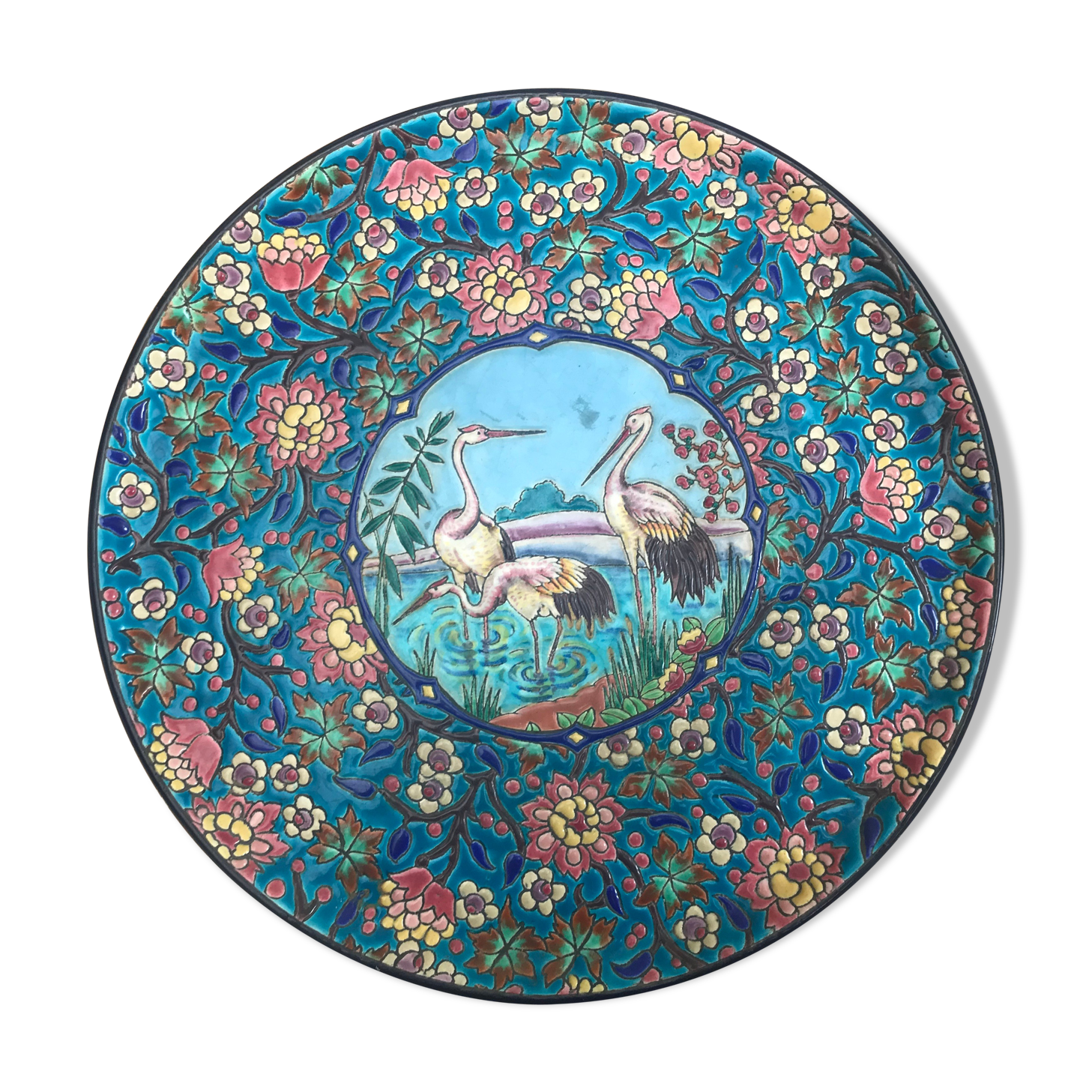 Decorative plate flowers and storks Enamels of Longwy