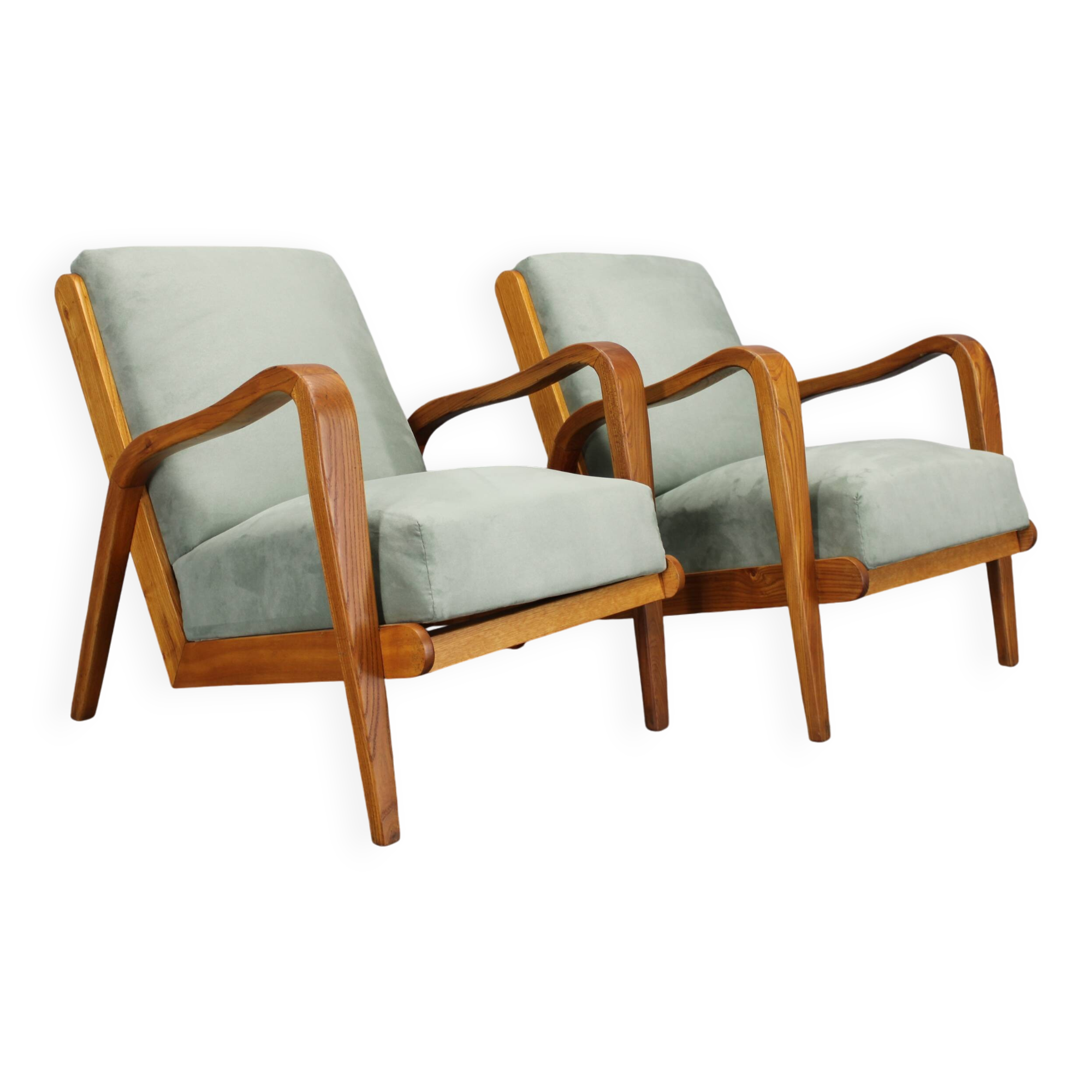 1960s Kozelka and Kropacek Restored Pair of Oak Armchairs, Rare Model