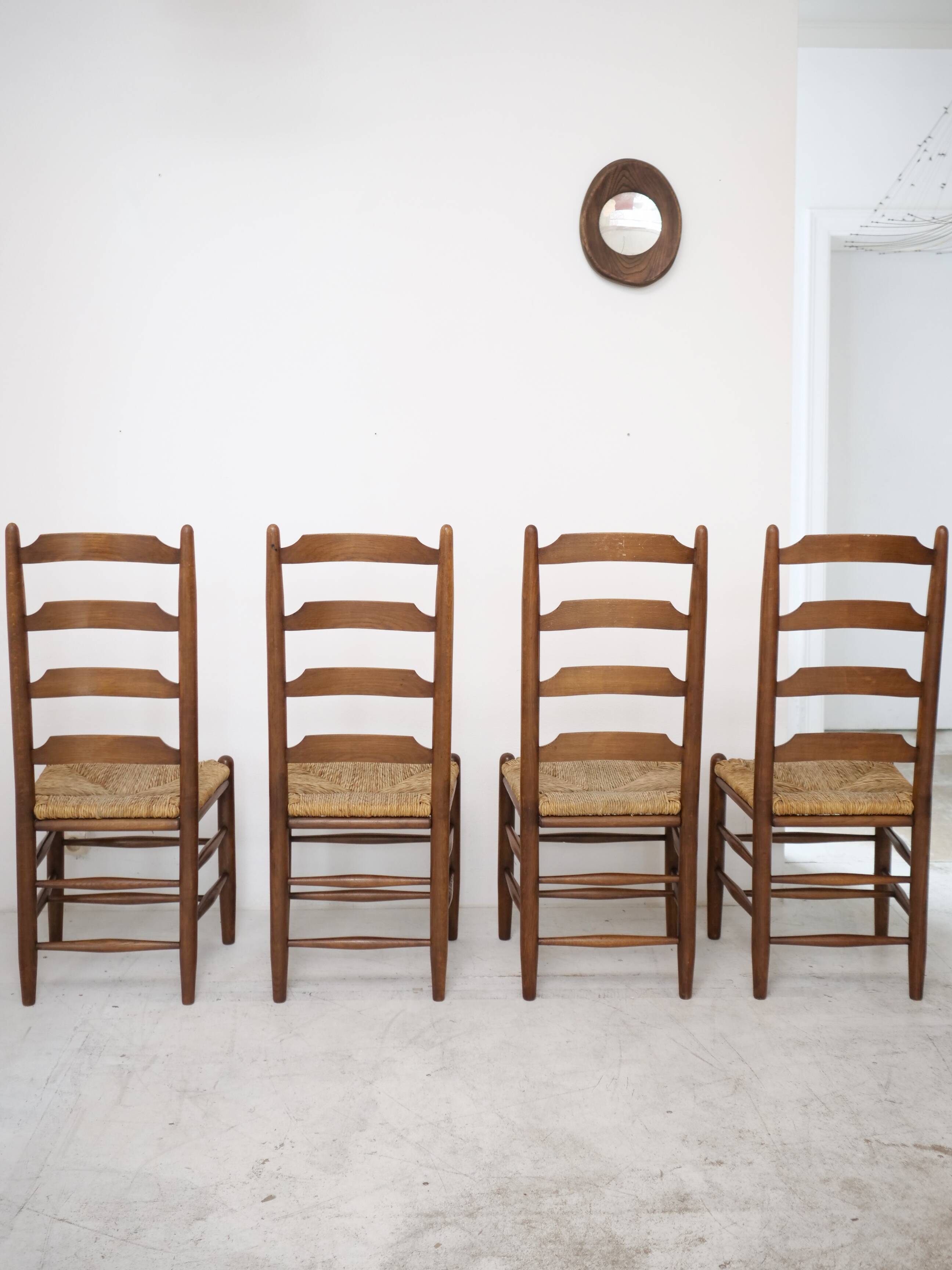 Architectural high-back chairs, straw seat, set of 4.