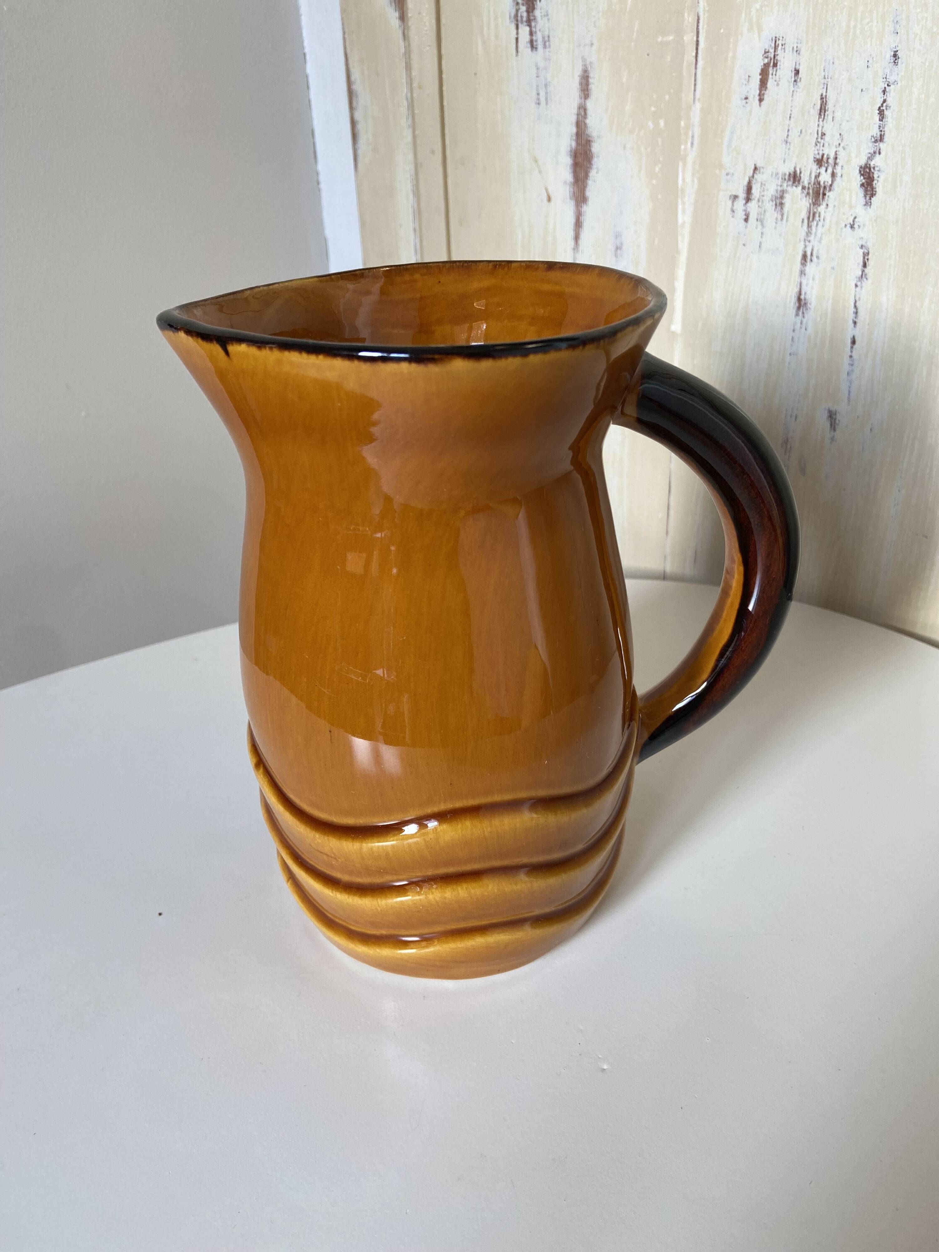 Vintage pitcher carafe Water pot, jug, enamelled ceramic PL France corrugated