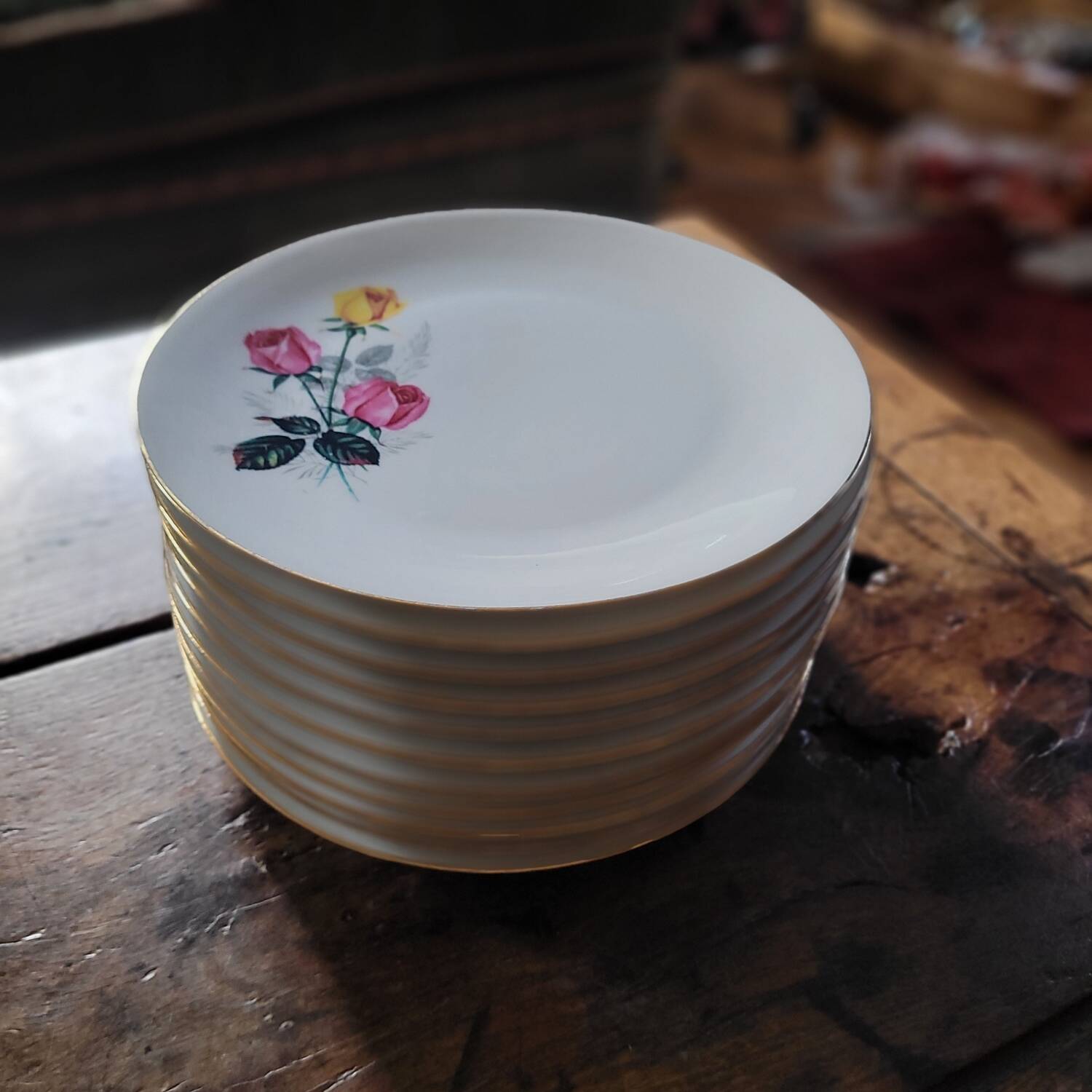 P.L. France porcelain dinner plates with roses — 1950s-60s