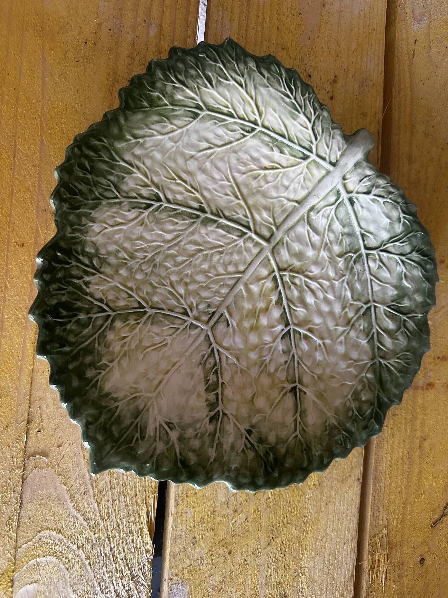 Empty Pocket / Basket / Ceramic Dish Barbotine Cabbage Leaf signed GV