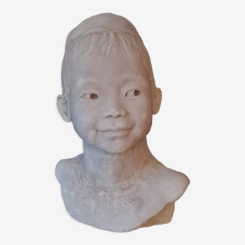Buste jeune fille sculpture femme asiatique asie pierre signé monograme